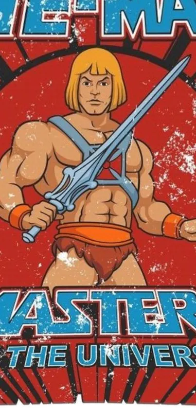 He-Man holding a sword with Masters of the Universe text and red backdrop.