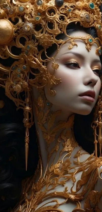 Elegant gold-accented portrait of a goddess-like figure against a dark backdrop.