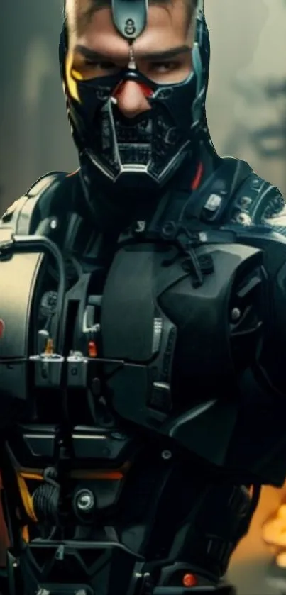 Futuristic cyborg in sleek black armor.