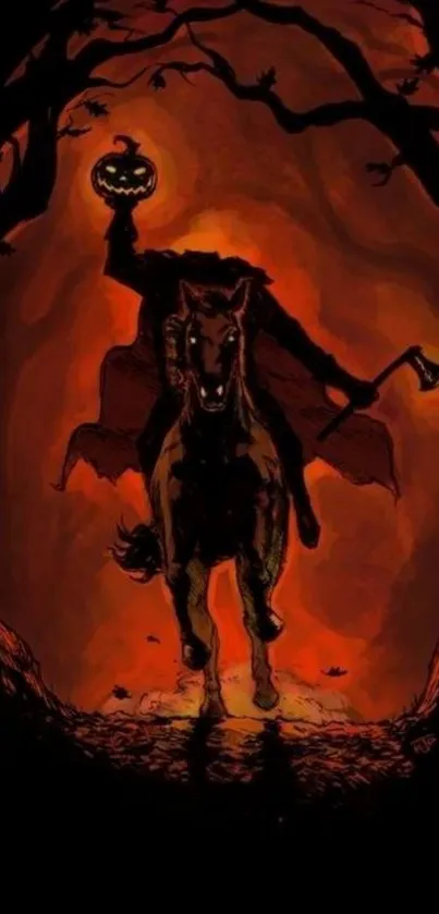 Headless Horseman riding under fiery sky.