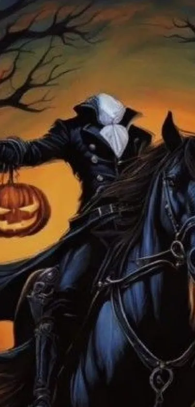 Headless Horseman holding a pumpkin lantern in a Halloween scene.