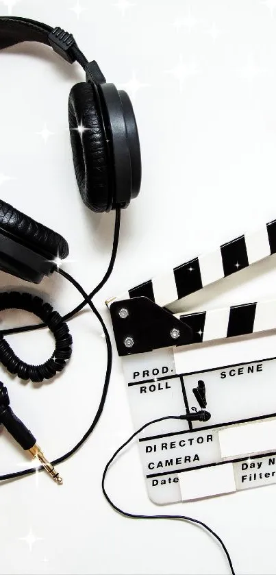 Headphones and clapperboard on a white background mobile wallpaper.