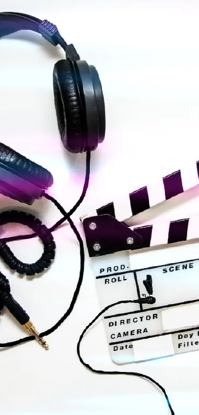 Black headphones and clapperboard on white background wallpaper.