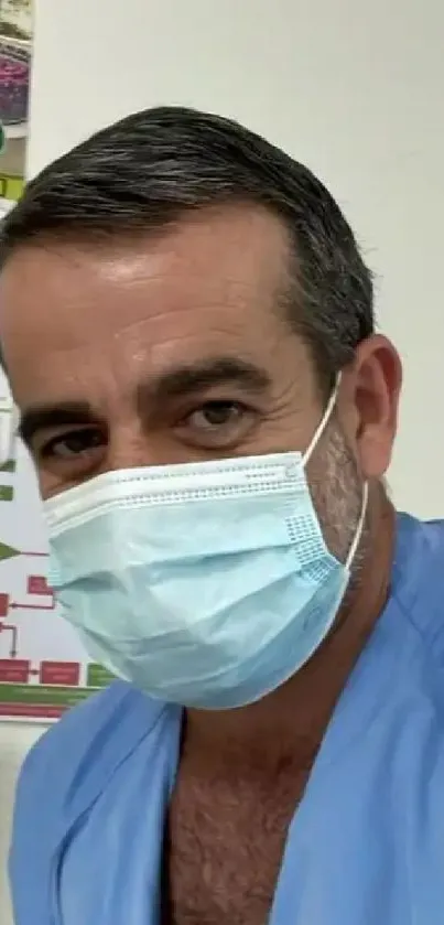 Healthcare professional in blue attire with a protective mask in an office setting.