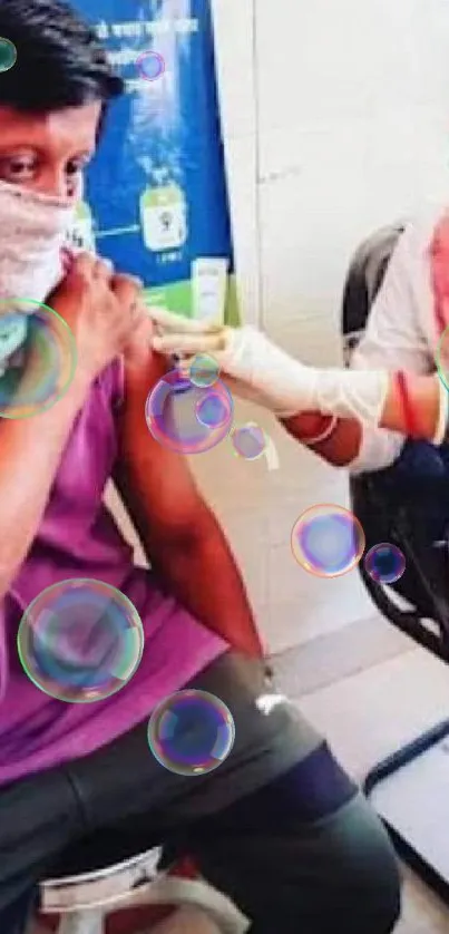 Healthcare worker giving a vaccine to a masked individual at a clinic.