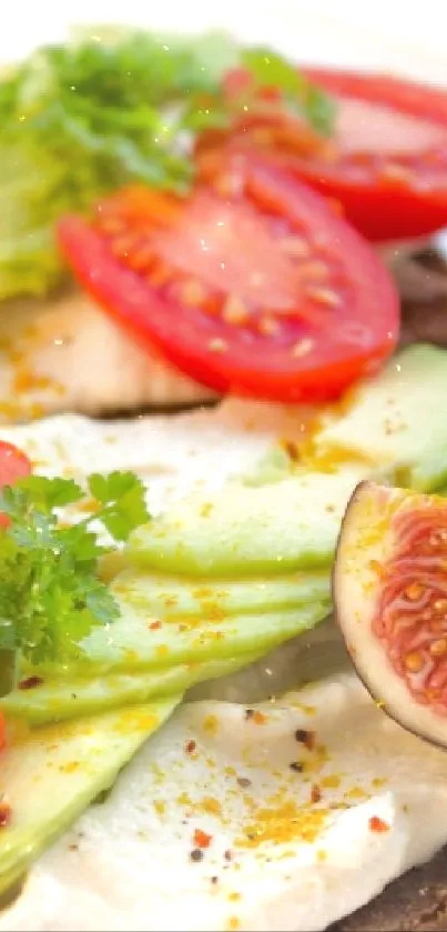 Avocado toast with figs, tomatoes, and herbs on whole grain bread.