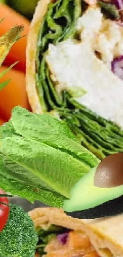 Vibrant wrap with fresh veggies on display.