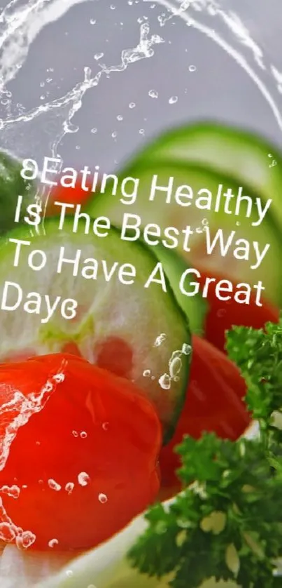 Fresh vegetables with water splash and healthy eating quote.