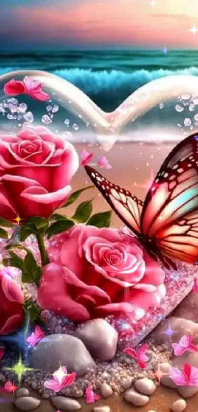 Heart-shaped glass with roses and butterfly on a serene beach.