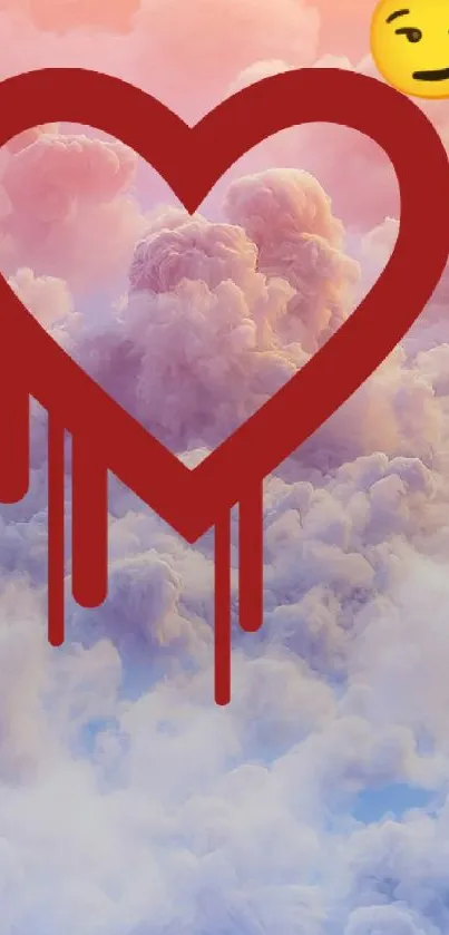 Mobile wallpaper with a heart and clouds at sunset with an emoji touch.