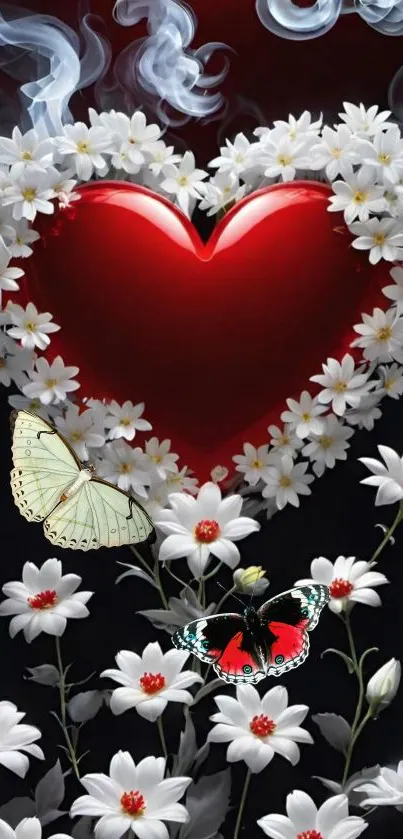 Red heart surrounded by white flowers with butterflies.