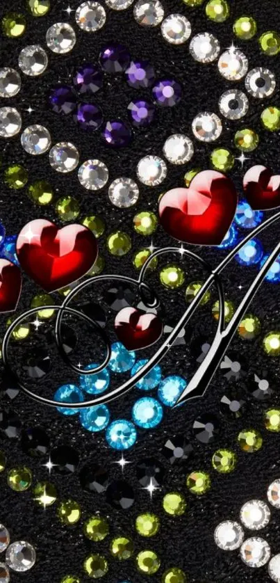 Glamorous mobile wallpaper with gems and red heart design on black background.