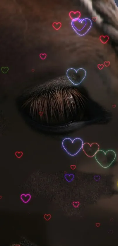 Horse eye with vibrant heart accents mobile wallpaper.