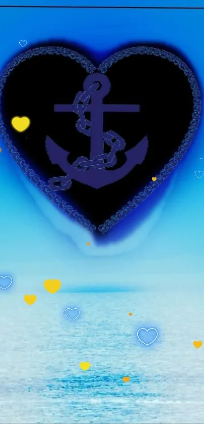 Blue heart with an anchor over an ocean, surrounded by colorful hearts.