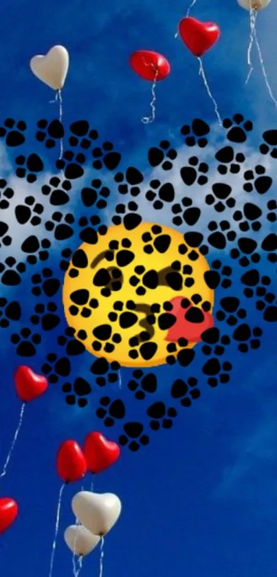 Heart and colorful balloons against blue sky wallpaper.