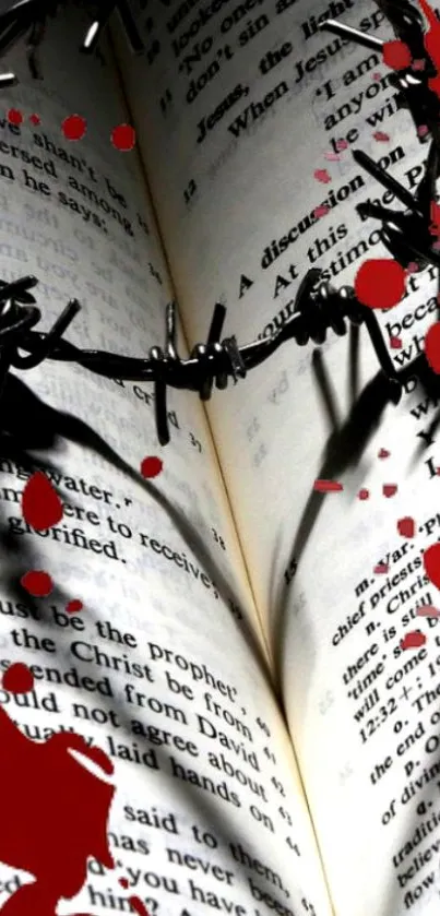 Heart shadow with barbed wire and red accents on a book page wallpaper.