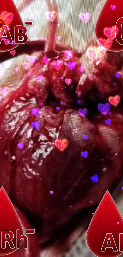 Heart imagery with vivid blood type labels on wallpaper.