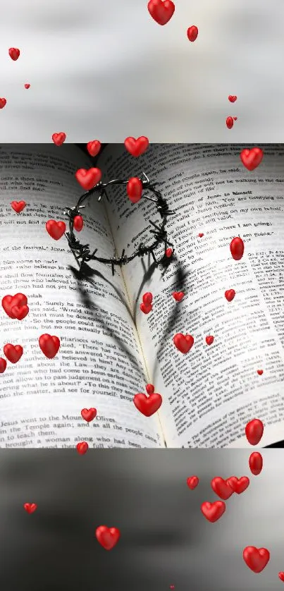 Open book with crown casting heart shadow and floating red hearts.