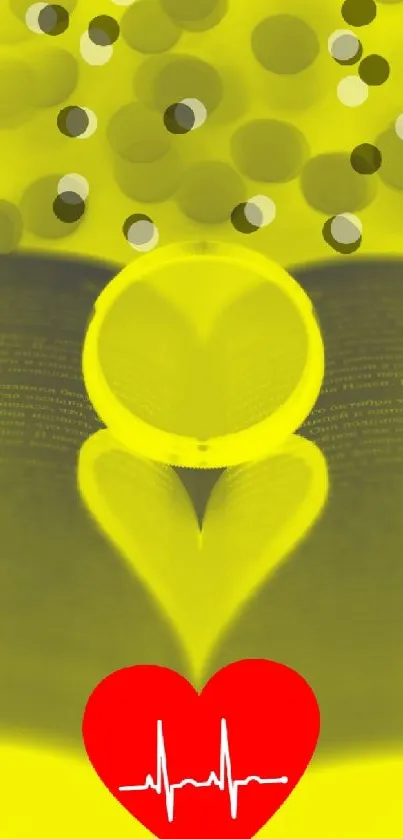 Yellow heart and book design with red heartbeat symbol.