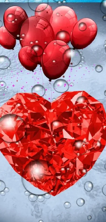 Red heart balloons with bubbles on blue water background.