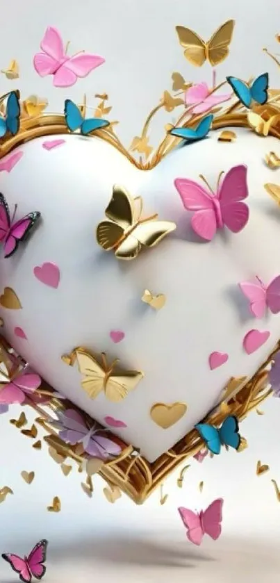 Heart surrounded by colorful butterflies and small hearts.