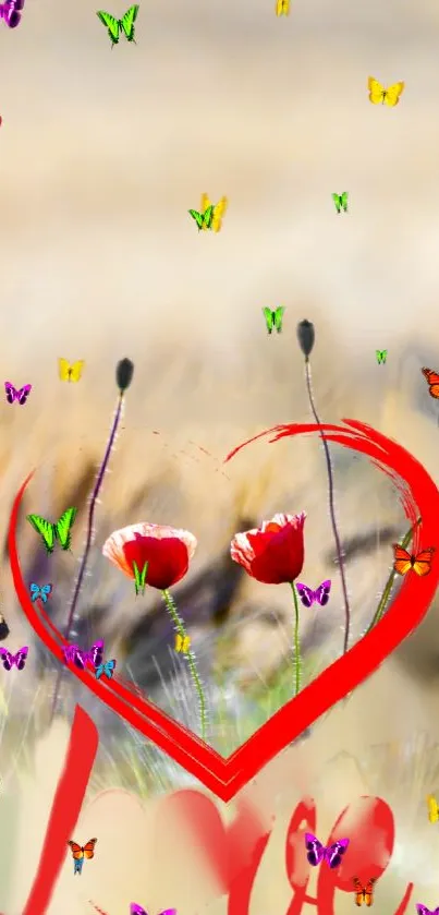 Vibrant heart and butterflies wallpaper with flowers and a dreamy background.