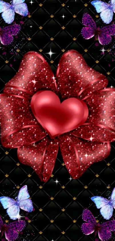 Red glittery heart wallpaper with butterflies.