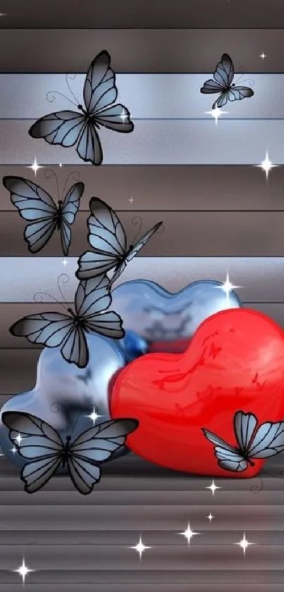 Red heart with butterflies mobile wallpaper.