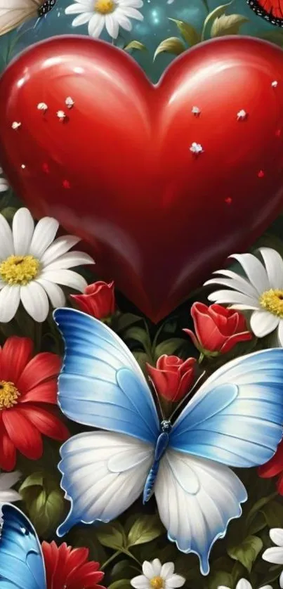 Heart surrounded by butterflies and flowers wallpaper.