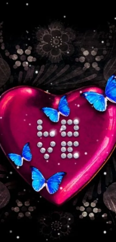 Pink heart with blue butterflies on black floral background.