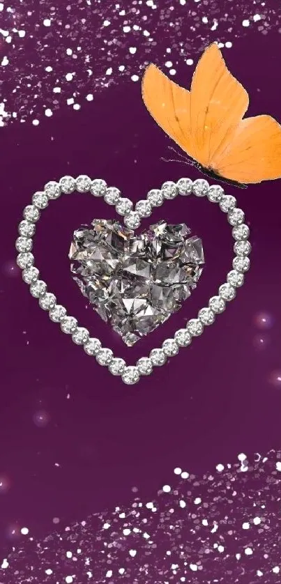 Diamond heart with orange butterfly on purple glitter background.