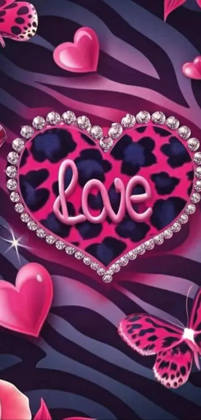 Heart and butterfly love design wallpaper with pink hues.