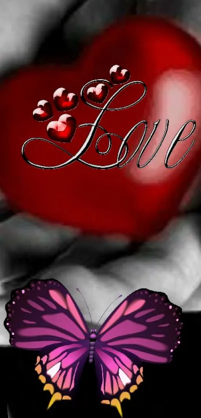 Mobile phone wallpaper with red heart and love script, featuring a butterfly.