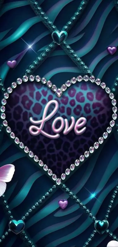 Jeweled heart with love on a butterfly-patterned background.