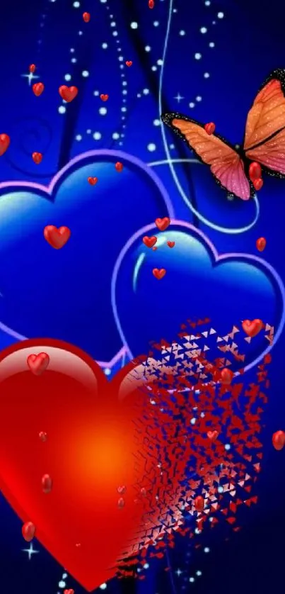 Vibrant wallpaper with glowing hearts and a butterfly.