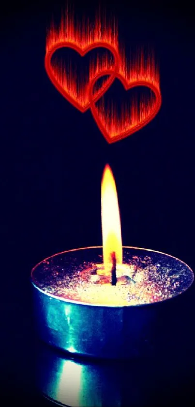 Vibrant wallpaper with glowing hearts and a candle flame.