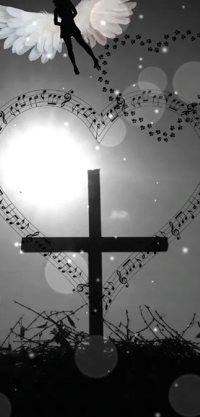 Silhouette of a cross and heart with angel wings in grayscale.