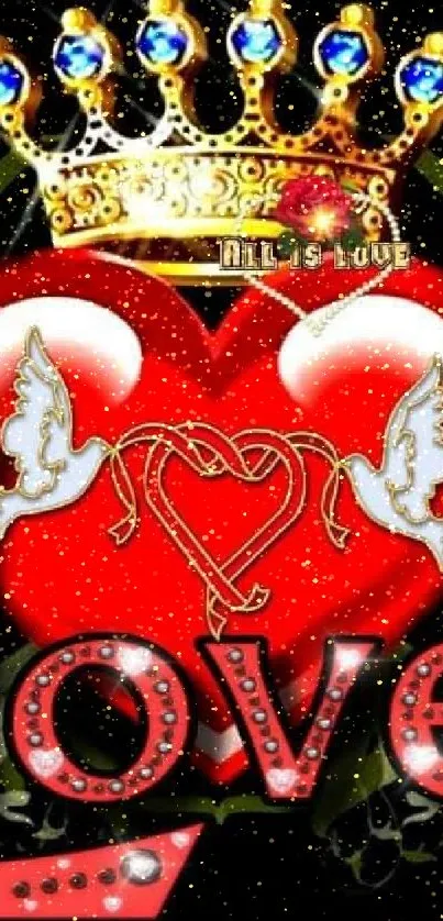 Romantic red heart with golden crown and love design.