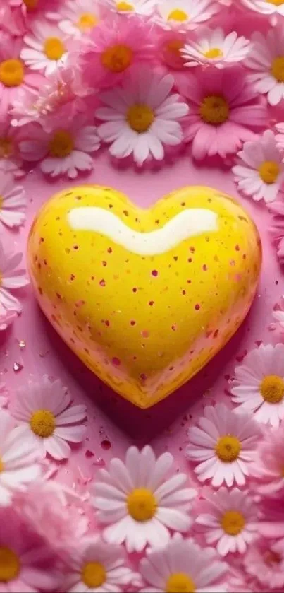 Yellow heart surrounded by pink and white daisies on a vibrant background.