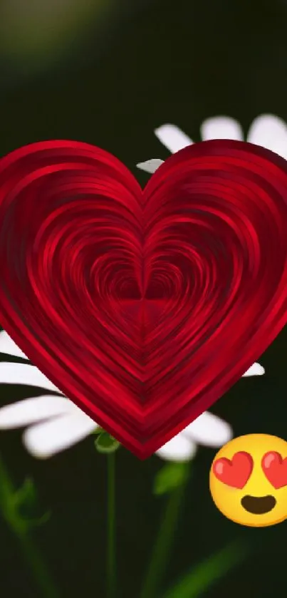 Red heart with daisies and love emoji wallpaper.