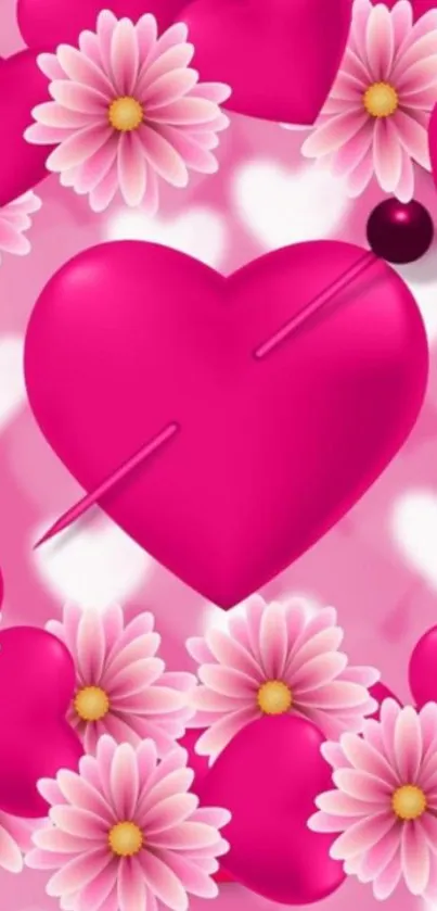 Pink heart and daisy mobile wallpaper with vibrant floral design.