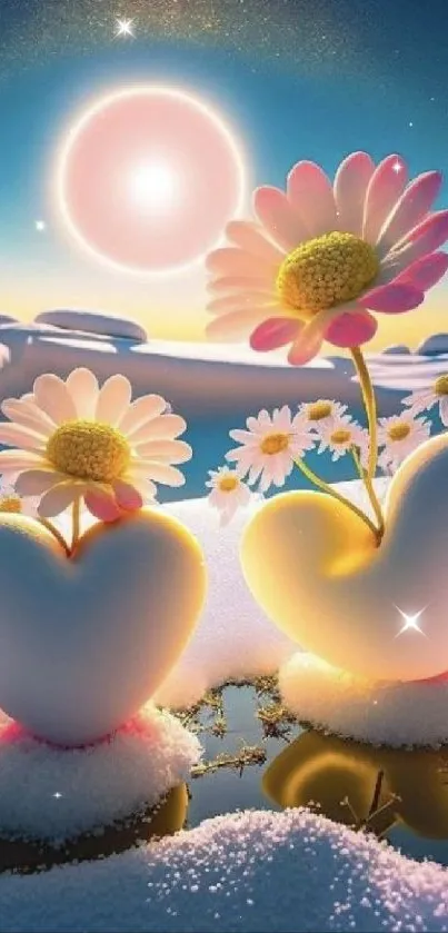 Heart-shaped figures with daisies in snow under sunlight.