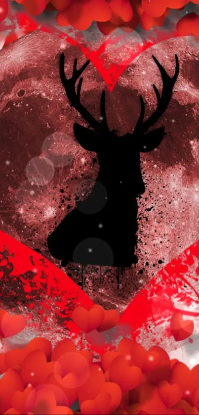 Deer silhouette on red moon with heart shapes on mobile wallpaper background.