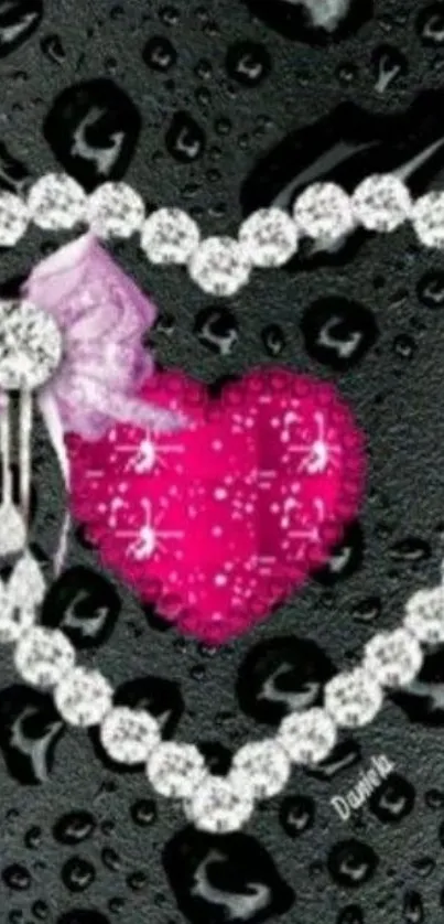 Sparkling pink heart with diamond frame on black wallpaper.