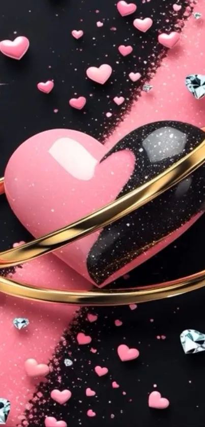 Heart and diamond black mobile wallpaper with luxury design.