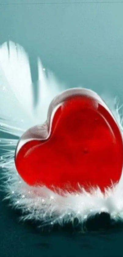 Red heart on a feather with teal background mobile wallpaper.