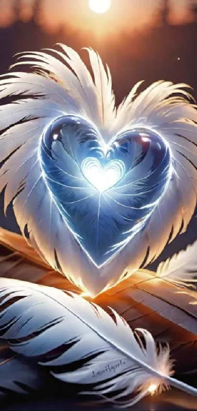 Radiant heart nestled in glowing feathers mobile wallpaper.