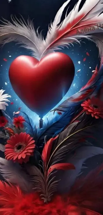 Heart-shaped art with feathers and flowers on a mobile wallpaper.