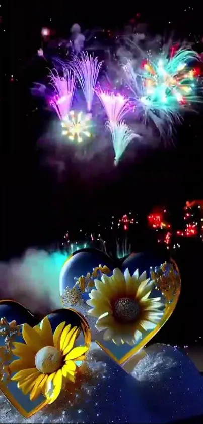 Heart with sunflowers and fireworks mobile wallpaper.