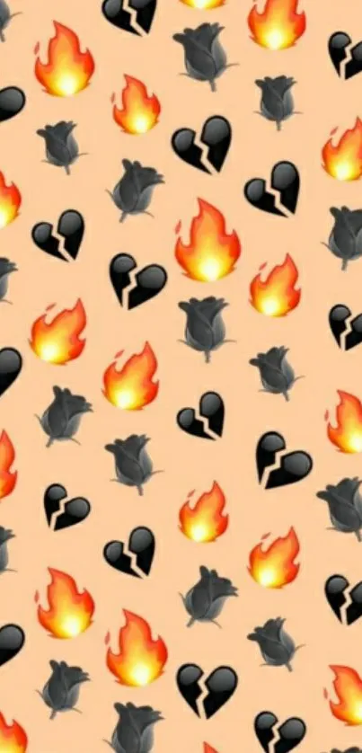 Vibrant phone wallpaper with hearts, flames, and roses on beige.